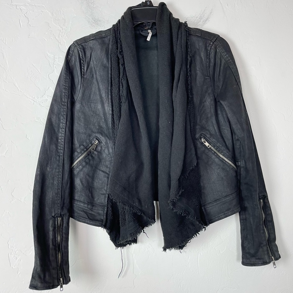 Free People Jacket Coat Coated Black Drape Front Zipper Fringe Distressed Moto